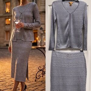 Vintage Essendi 2pc Sequin Knit Cardigan & Skirt Set Grey Silver Crochet Mesh S